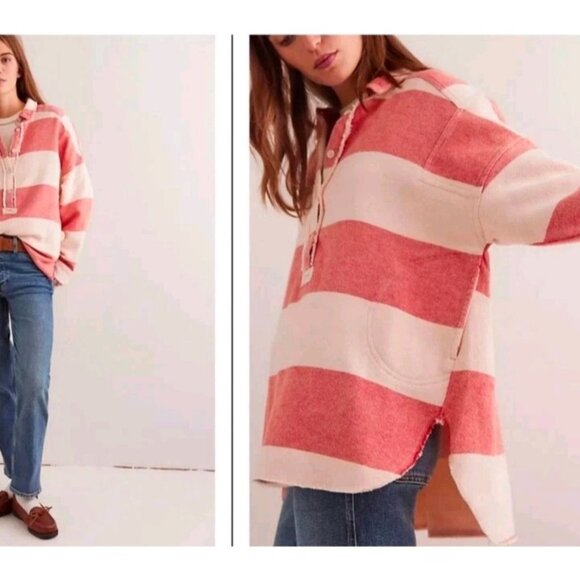 We The Free Free People Arizona Sky Striped Henley Pullover Red & White Sz Large - Picture 1 of 9